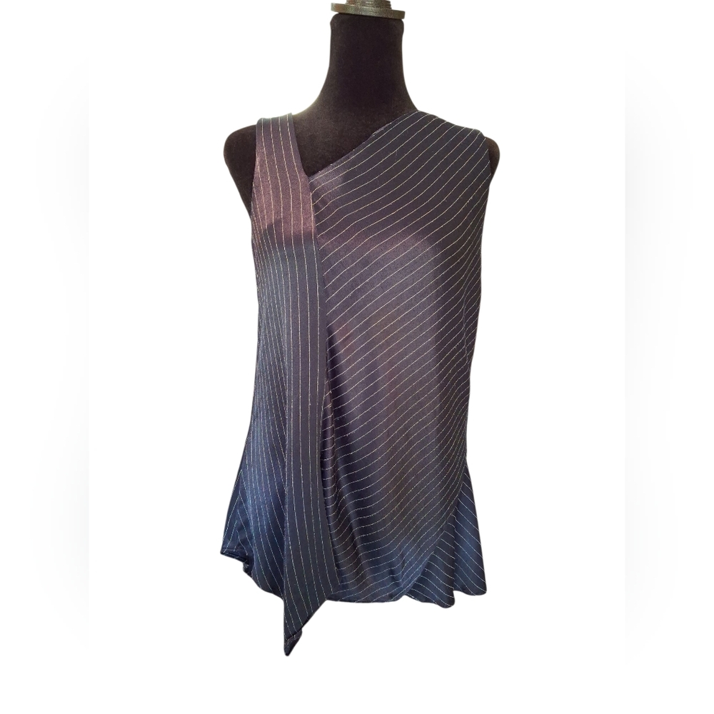 "Banana Republic" Sz. S Shiny Navy Blue Asymmetrical Stiched Top. Rayon &Viscose